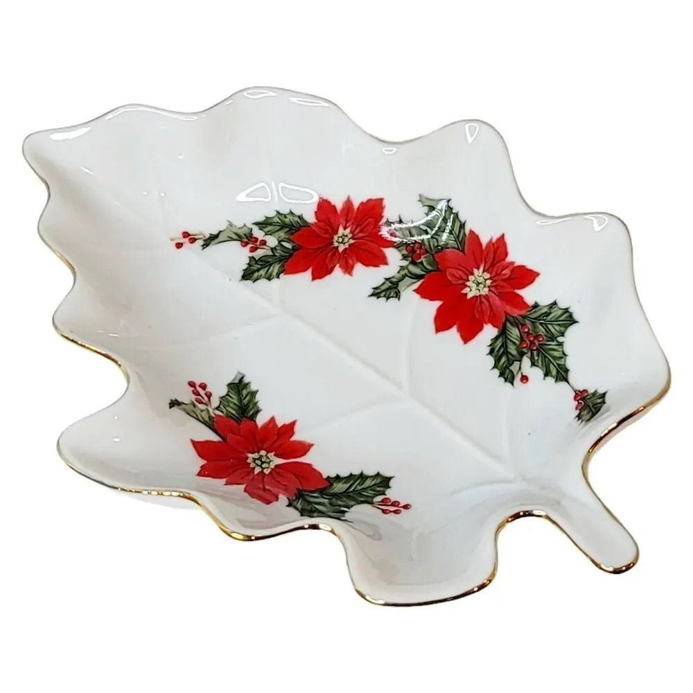 Vintage 1987 Lefton‎ Christmas Poinsettias & Holly Candy Nut Trinket Dish JAPAN